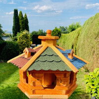 DARLUX Vogel Futter XL Futterstelle Sechseck Holz Vogelhaus Braun/ Rot Grün Blau Vogelfutterhaus Wetterfest