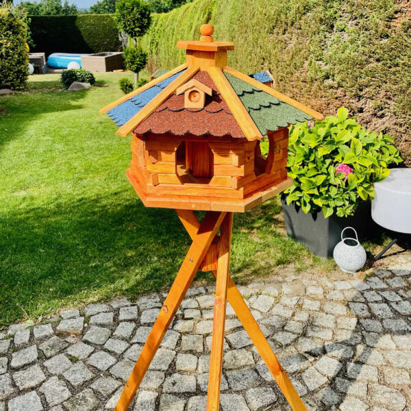 DARLUX Vogel Futter XL Futterstelle Holz Vogelhaus+ Ständer Braun/ Rot Grün Blau Garten Vogelfutterhaus Wetterfest