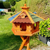 DARLUX Vogel Futter XL Futterstelle Holz Vogelhaus+ Ständer Braun/ Rot Grün Blau Garten Vogelfutterhaus Wetterfest