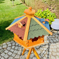 DARLUX Vogel Futter XL Futterstelle Holz Vogelhaus+ Ständer Braun/ Rot Grün Blau Garten Vogelfutterhaus Wetterfest