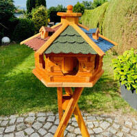 DARLUX Vogel Futter XL Futterstelle Holz Vogelhaus+ Ständer Braun/ Rot Grün Blau Garten Vogelfutterhaus Wetterfest