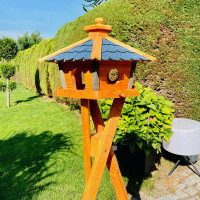DARLUX Vogel Futter Haus L Sechseck Holz Vogelhaus + Ständer Braun/ Blau