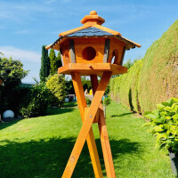 DARLUX Vogel Futter Haus L Sechseck Holz Vogelhaus + Ständer Braun/ Blau