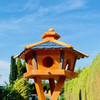 DARLUX Vogel Futter Haus L Sechseck Holz Vogelhaus + Ständer Braun/ Blau