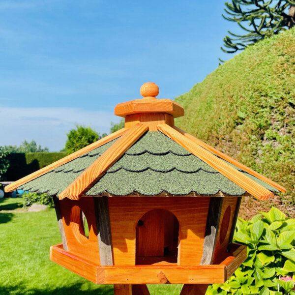 DARLUX Vogel Futter Haus XL Sechseck Holz Vogelhaus Futterstelle Braun/ Grün Vogelfutterhaus Wetterfest