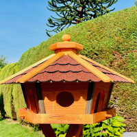 DARLUX Vogel Futter Haus XL Sechseck Holz Vogelhaus Futterstelle Braun/ Rot Garten Vogelfutterhaus Wetterfest
