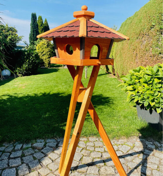 DARLUX Vogel Futter Haus XL Sechseck Holz Vogelhaus + Ständer Braun/ Rot Garten Vogelfutterhaus Wetterfest