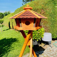 DARLUX Vogel Futter Haus XL Sechseck Holz Vogelhaus + Ständer Braun/ Rot Garten Vogelfutterhaus Wetterfest
