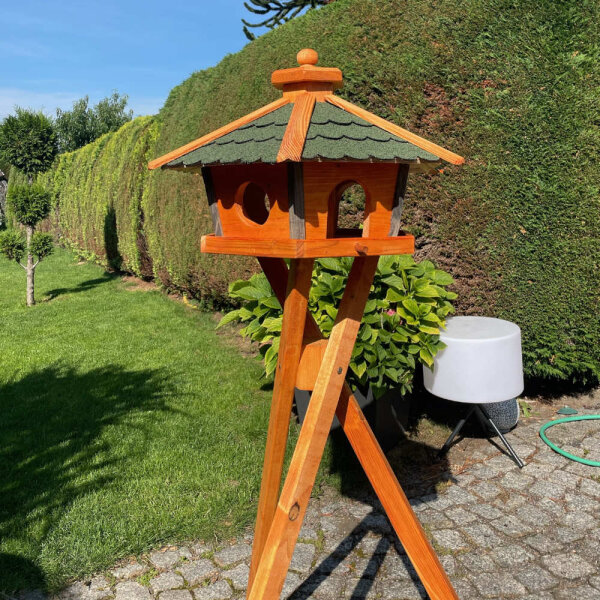 DARLUX Vogel Futter Haus XL Sechseck Holz Vogelhaus + Ständer Braun/ Grün Garten Vogelfutterhaus Wetterfest