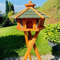 DARLUX Vogel Futter Haus XL Sechseck Holz Vogelhaus + Ständer Braun/ Grün Garten Vogelfutterhaus Wetterfest