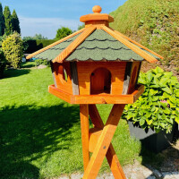 DARLUX Vogel Futter Haus XL Sechseck Holz Vogelhaus + Ständer Braun/ Grün Garten Vogelfutterhaus Wetterfest