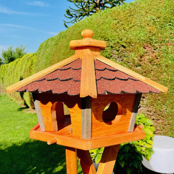 DARLUX Vogel Futter Haus L Sechseck Holz Vogelhaus Futterstelle Braun/ Rot