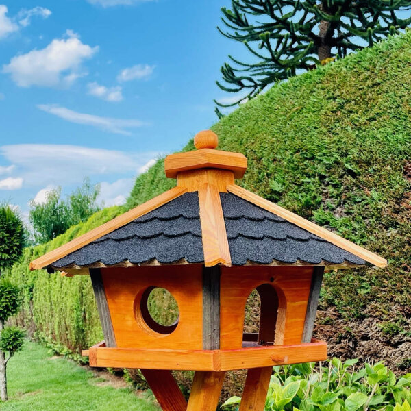 DARLUX Vogel Futter Haus XL Sechseck Holz Vogelhaus Futterstelle Braun/ Schwarz Garten Vogelfutterhaus Wetterfest