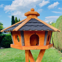 DARLUX Vogel Futter Haus XL Sechseck Holz Vogelhaus Futterstelle Braun/ Schwarz Garten Vogelfutterhaus Wetterfest