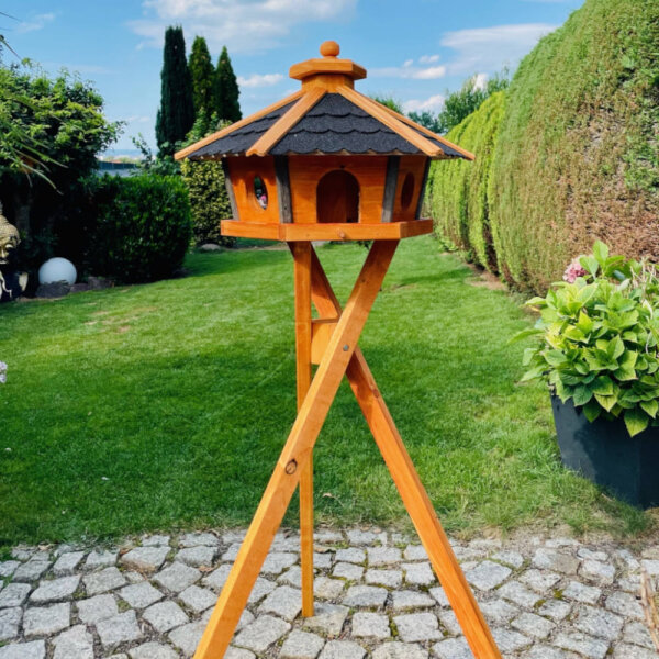 DARLUX Vogel Futter Haus XL Sechseck Holz Vogelhaus + Ständer Braun/ Schwarz Garten Vogelfutterhaus Wetterfest