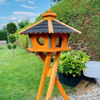 DARLUX Vogel Futter Haus XL Sechseck Holz Vogelhaus + Ständer Braun/ Schwarz Garten Vogelfutterhaus Wetterfest