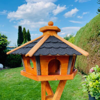 DARLUX Vogel Futter Haus XL Sechseck Holz Vogelhaus + Ständer Braun/ Schwarz Garten Vogelfutterhaus Wetterfest