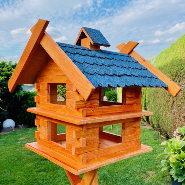 DARLUX Rechteckige Vogelvilla XL Doppelstock Vogelhaus aus Holz Braun/ Blau Garten Vogelfutterhaus Wetterfest