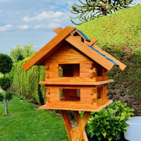 DARLUX Rechteckige Vogelvilla XL Doppelstock Vogelhaus aus Holz Braun/ Blau Garten Vogelfutterhaus Wetterfest