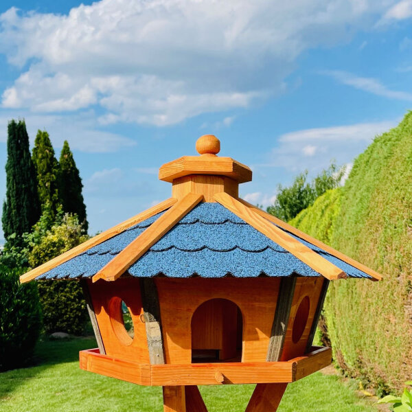 DARLUX Vogel Futter Haus XL Sechseck Holz Vogelhaus Futterstelle Braun/ Blau Garten Vogelfutterhaus Wetterfest