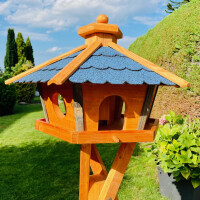 DARLUX Vogel Futter Haus XL Sechseck Holz Vogelhaus Futterstelle Braun/ Blau Garten Vogelfutterhaus Wetterfest