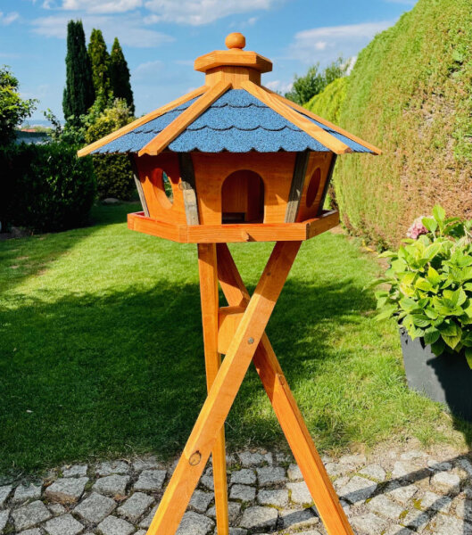 DARLUX Vogel Futter Haus XL Sechseck Holz Vogelhaus + Ständer Braun/ Blau Garten Vogelfutterhaus Wetterfest