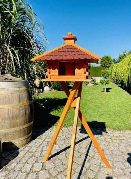 DARLUX Rechteckiges Vogelfutterhaus XL Futterstelle Vogelhaus+Ständer Braun/ Rot