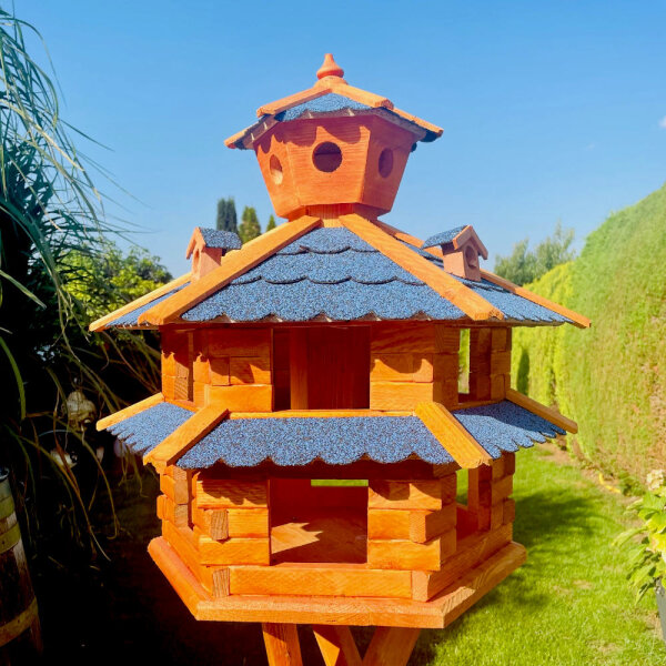 DARLUX Vogelvilla XXL Sechseck Doppelstock Vogelhaus Futterstelle Braun/ Blau Garten Vogelfutterhaus Wetterfest
