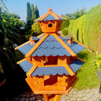 DARLUX Vogelvilla XXL Sechseck Doppelstock Vogelhaus Futterstelle Braun/ Blau Garten Vogelfutterhaus Wetterfest