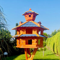 DARLUX Vogelvilla XXL Sechseck Doppelstock Vogelhaus Futterstelle Braun/ Blau Garten Vogelfutterhaus Wetterfest