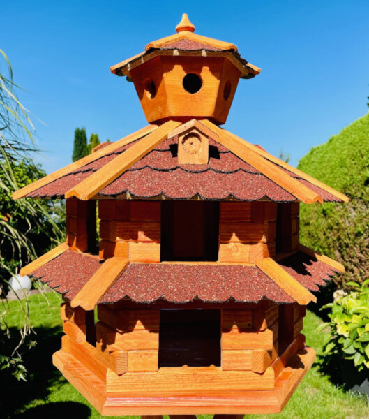 DARLUX Vogelvilla XXL Sechseck Doppelstock Vogelhaus Futterstelle Braun/ Rot Garten Vogelfutterhaus Wetterfest