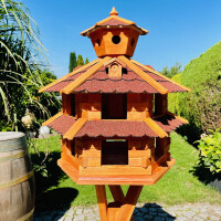 DARLUX Vogelvilla XXL Sechseck Doppelstock Vogelhaus Futterstelle Braun/ Rot Garten Vogelfutterhaus Wetterfest