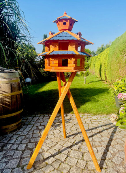 DARLUX Vogelvilla XXL Sechseck Doppelstock Vogelhaus + Ständer Braun/ Blau Garten Vogelfutterhaus Wetterfest