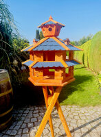 DARLUX Vogelvilla XXL Sechseck Doppelstock Vogelhaus + Ständer Braun/ Blau Garten Vogelfutterhaus Wetterfest