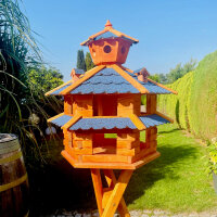 DARLUX Vogelvilla XXL Sechseck Doppelstock Vogelhaus + Ständer Braun/ Blau Garten Vogelfutterhaus Wetterfest