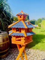 DARLUX Vogelvilla XXL Sechseck Doppelstock Vogelhaus + Ständer Braun/ Blau Garten Vogelfutterhaus Wetterfest