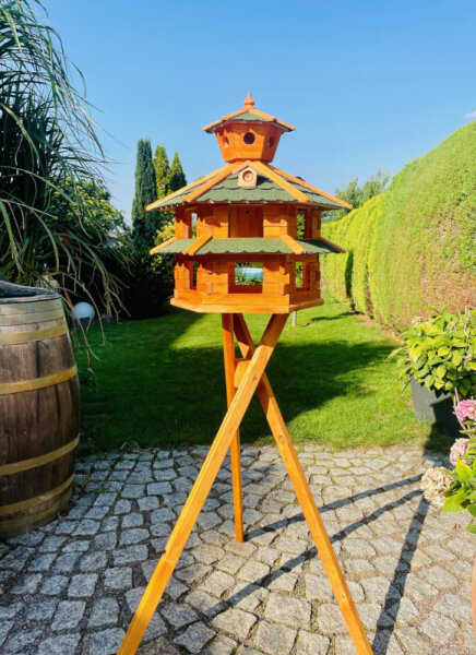 DARLUX Vogelvilla XXL Sechseck Doppelstock Vogelhaus + Ständer Braun/ Grün Garten Vogelfutterhaus Wetterfest