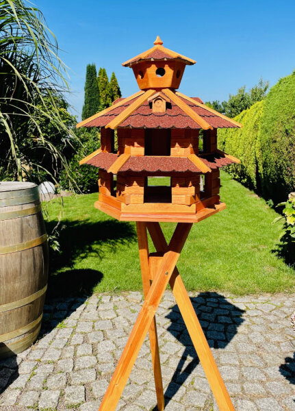 DARLUX Vogelvilla XXL Sechseck Doppelstock Vogelhaus + Ständer Braun/ Rot Garten Vogelfutterhaus Wetterfest