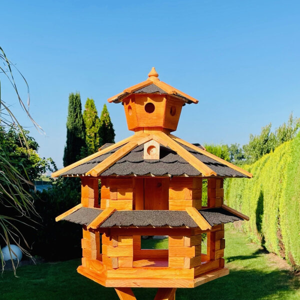 DARLUX Vogelvilla XXL Sechseck Doppelstock Vogelhaus Futterstelle Braun/ Schwarz Garten Vogelfutterhaus Wetterfest
