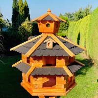 DARLUX Vogelvilla XXL Sechseck Doppelstock Vogelhaus Futterstelle Braun/ Schwarz Garten Vogelfutterhaus Wetterfest