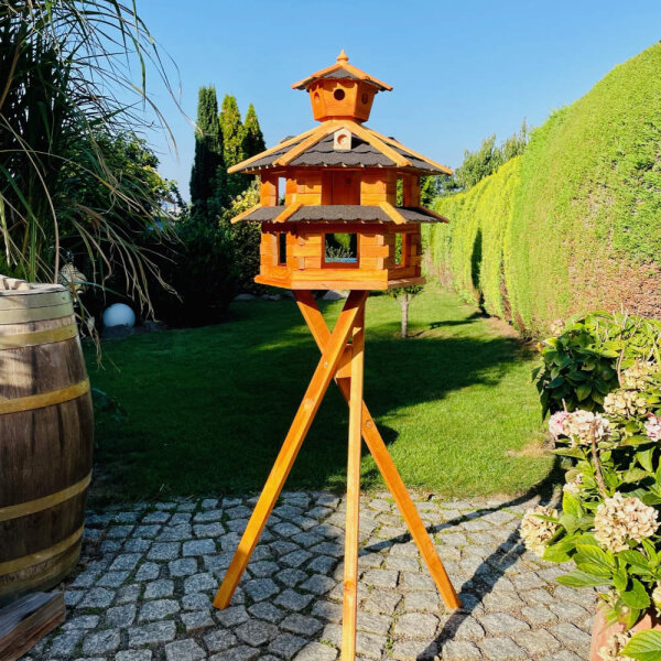 DARLUX Vogelvilla XXL Sechseck Doppelstock Vogelhaus + Ständer Braun/ Schwarz Garten Vogelfutterhaus Wetterfes