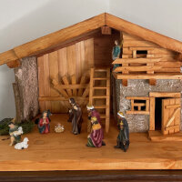 DARLUX Weihnachts- Holz Krippe + Figuren Dekoration Handgefertigt Holzschnitzerei Jahreszeitliche Dekoration