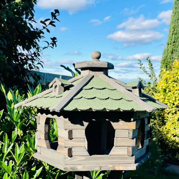 DARLUX Vogelfutterhaus XL Sechseck Holz Vogelhaus Futterstelle Braun/ Grün Garten Vogelfutterhaus Wetterfest