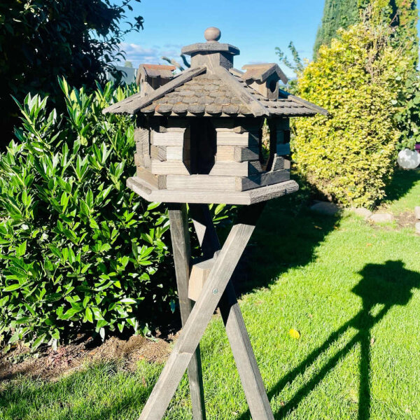 DARLUX Vogelhaus L Vogel Futter Haus Futterstelle + Ständer Sechseck Dunkelbraun
