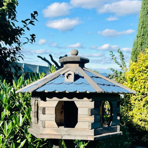 DARLUX Vogelfutterhaus XL Sechseck Holz Vogelhaus Futterstelle Braun/ Blau Garten Vogelfutterhaus Wetterfest