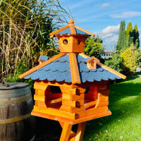 DARLUX Vogel Futter Haus XXL Futterstelle Sechseck Holz Vogelhaus Braun/ Blau Garten Vogelfutterhaus Wetterfest