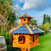 DARLUX Vogel Futter Haus XXL Futterstelle Sechseck Holz Vogelhaus Braun/ Blau Garten Vogelfutterhaus Wetterfest