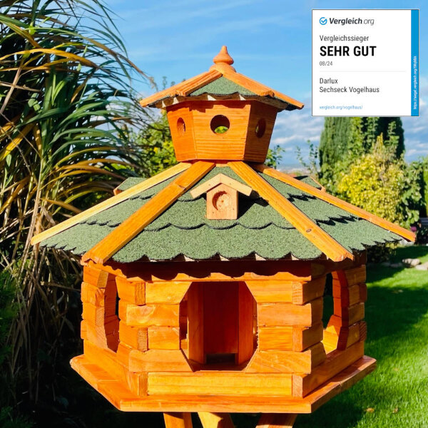 DARLUX Vogel Futter Haus XXL Futterstelle Sechseck Holz Vogelhaus Braun/ Grün Garten Vogelfutterhaus Wetterfest