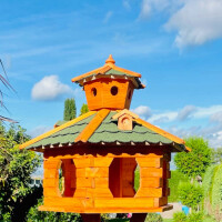 DARLUX Vogel Futter Haus XXL Futterstelle Sechseck Holz Vogelhaus Braun/ Grün Garten Vogelfutterhaus Wetterfest