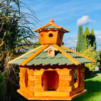 DARLUX Vogel Futter Haus XXL Futterstelle Sechseck Holz Vogelhaus Braun/ Grün Garten Vogelfutterhaus Wetterfest